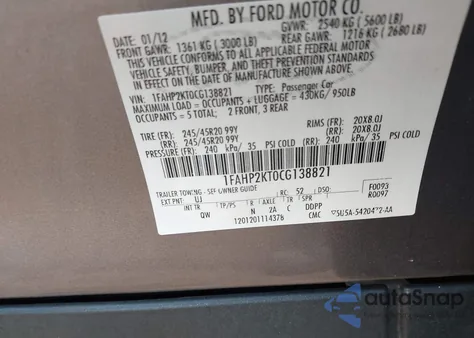 2012 Ford Taurus Sho z USA, uszkodzony, nr VIN 1FAHP2KT0CG138821